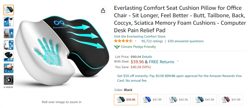 A product page on Amazon showing a photo of a seat cushion by the Everlasting Comfort Store along with its price, ratings, and product details.
