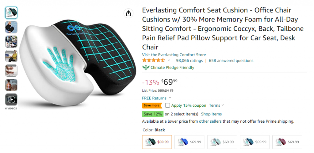 A product page on Amazon showing a photo of a seat cushion by the Everlasting Comfort Store along with its price, ratings, and product details.
