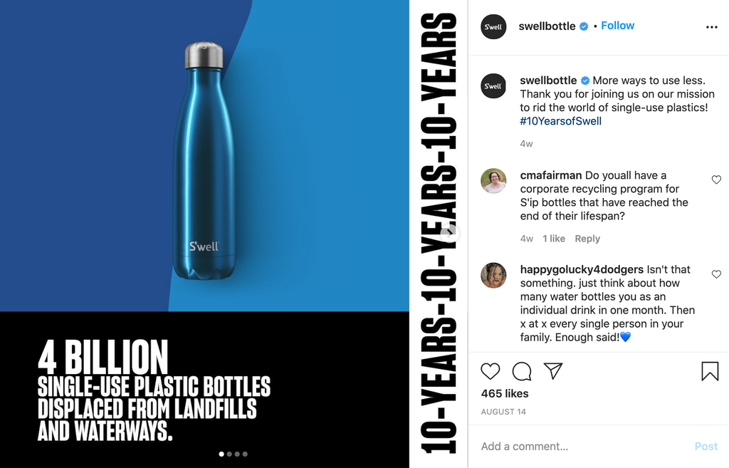 An Instagram post by the brand S'well showing a picture of their water bottle and a text saying "4 billion single-use plastic bottles displaced from landfills and water ways"