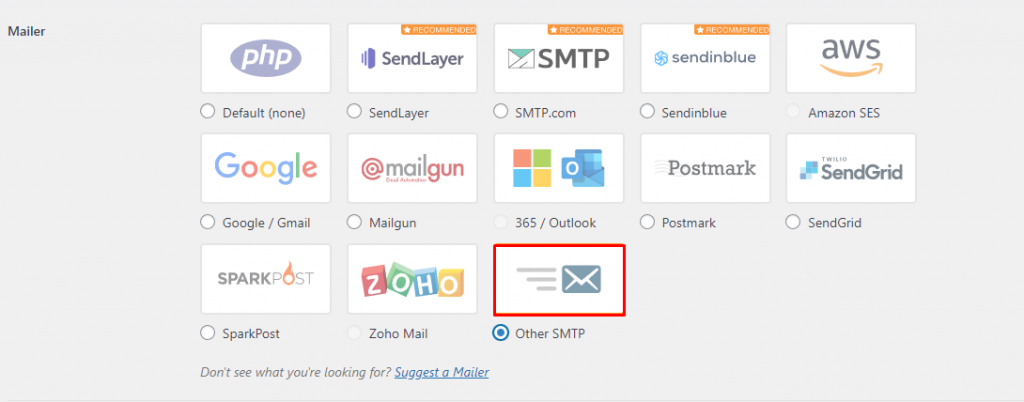 The Mail section on WP Mail SMTP, showing you where to click Other SMTP in Mailer
