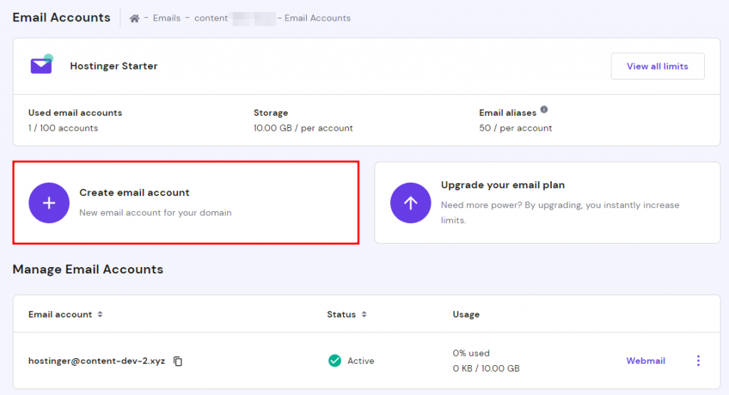 The Email Accounts page on the hPanel, showing where to click Create email account