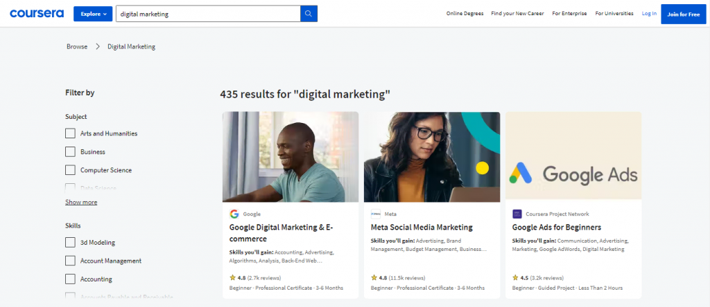 Digital Marketing courses on the Coursera website