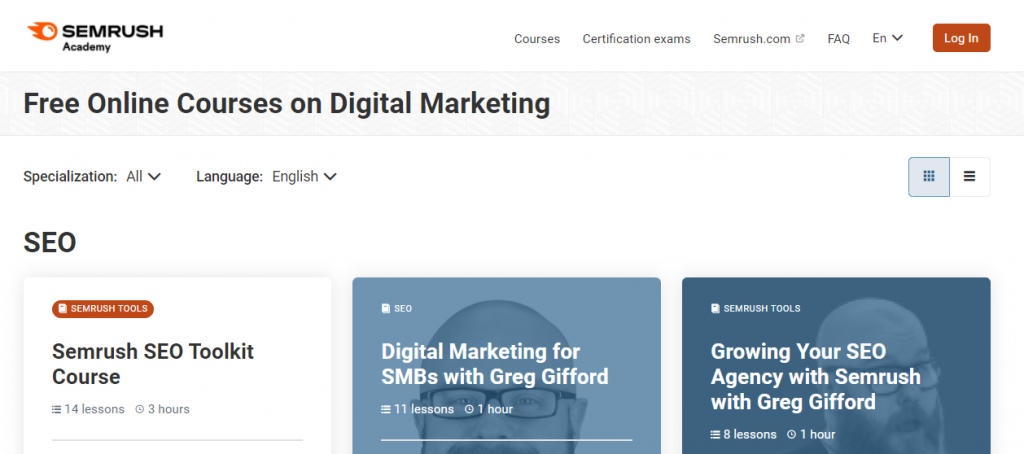 Free online Digital Marketing courses on the Semrush Academy website