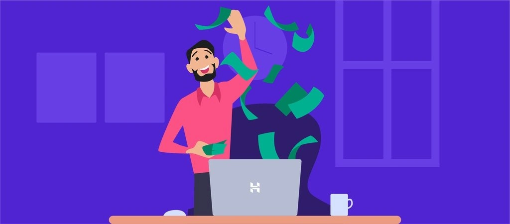Hostinger custom illustration showing a man standing behind a desk with a laptop and paper money flying around him