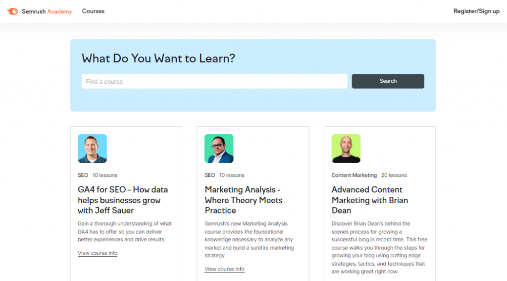 Marketing courses on the Semrush Academy website
