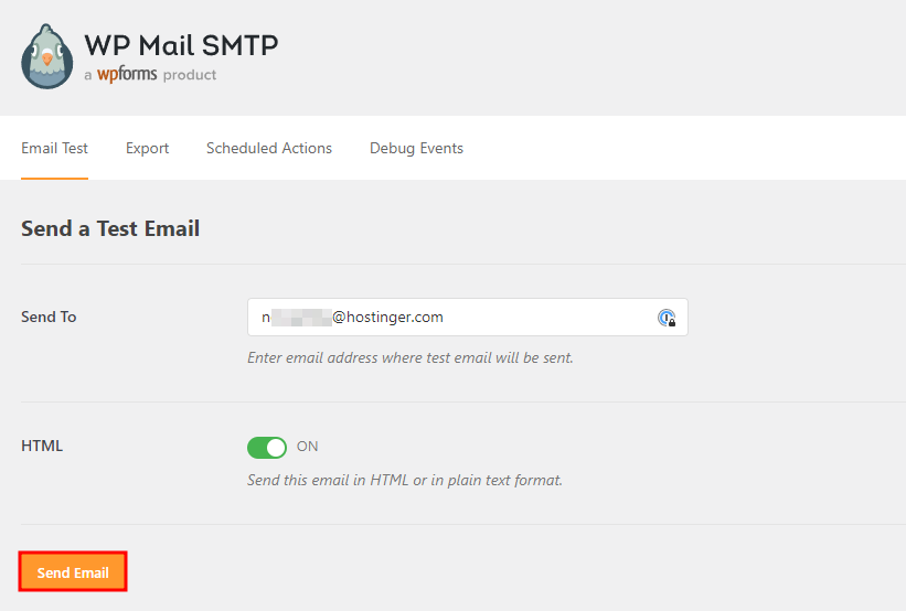 Sending a test email on WP Mail SMTP.
