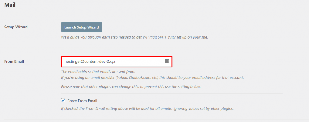 The Mail section on WP Mail SMTP, showing you how to set up the From Email 