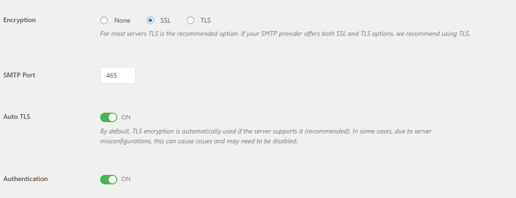 The Mail section on WP Mail SMTP, showing you how to select the encryption level