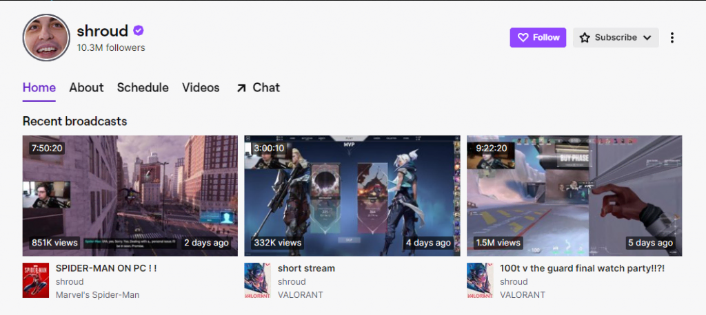 Shroud's profile on the Twitch website