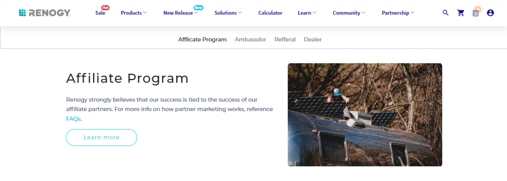 The Affiliate Program page on Renogyss website.