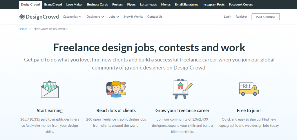 The Jobs page on the DesignCrowd website