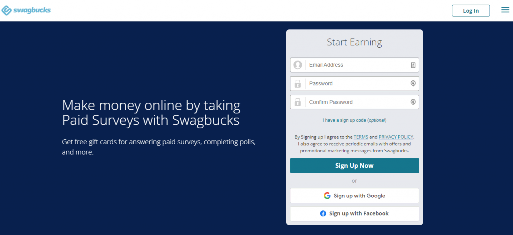 The Paid Surveys page on the Swagbucks website