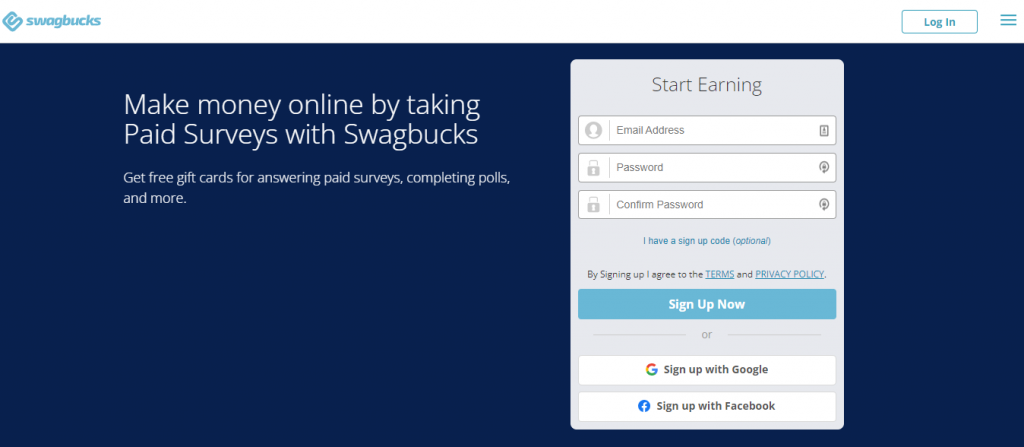 The Paid Surveys page on the Swagbucks website
