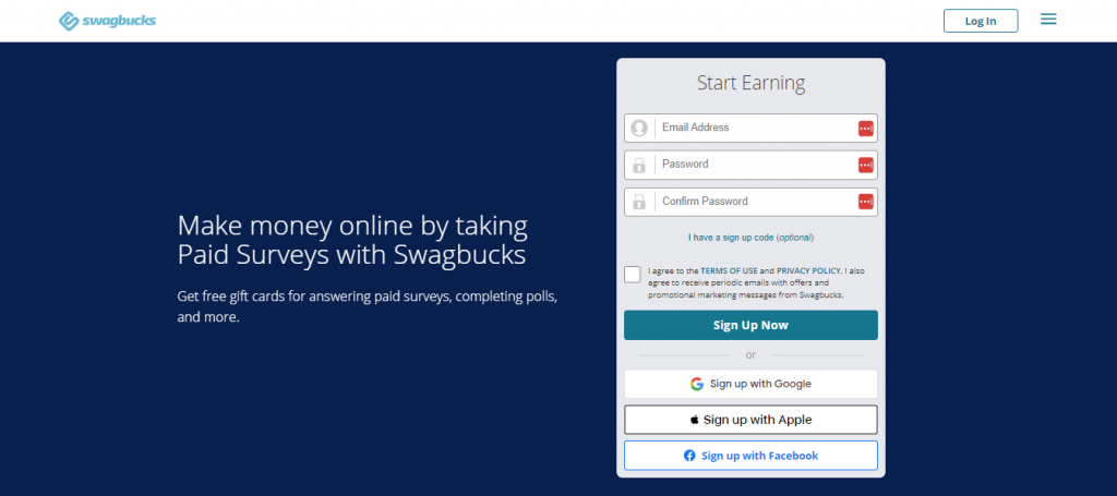 The Paid Surveys page on the Swagbucks website