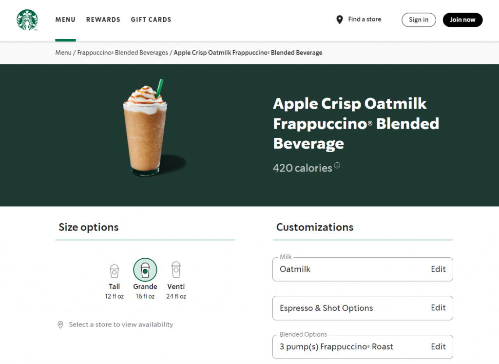 O painel de opções e personalizações de tamanho para a bebida misturada Apple Crisp Oatmilk Frappuccino da Starbucks