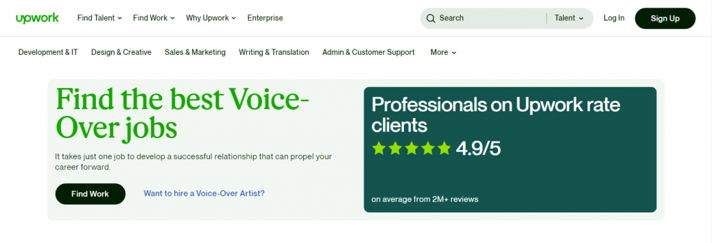 The Voice-Over Jobs page on the Upwork website