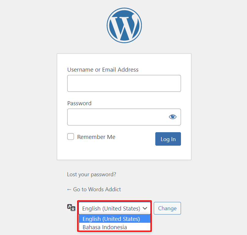 The WordPress login page with the Language Selector highlighted in red
