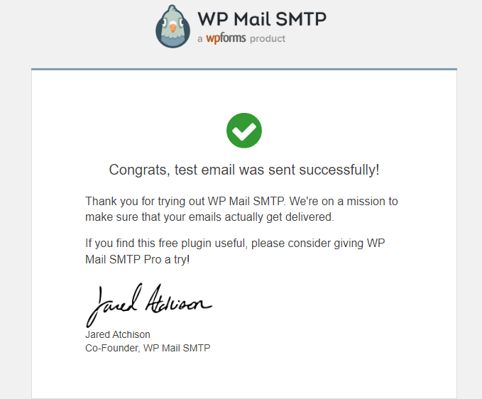 The test email congratulations message from WP Mail SMTP