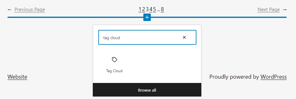 Adding a tag cloud block via the WordPress block editor.