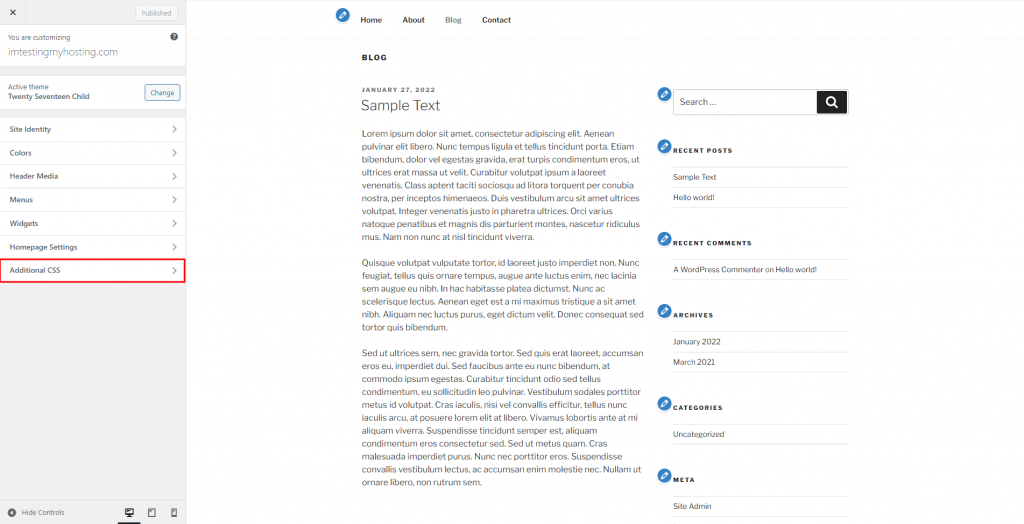 The Additional CSS option in the Theme Editor.