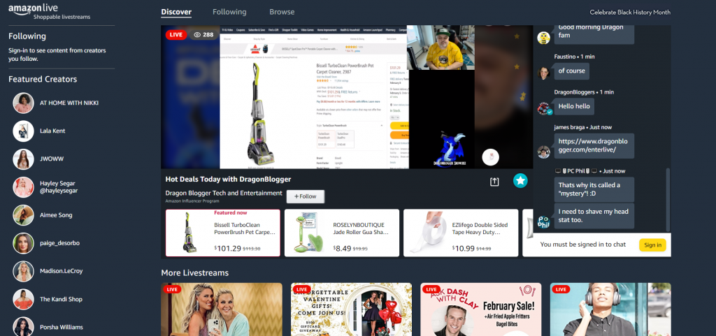 Amazon Live, a live streaming platform where customers can shop directly from the live shopping events they watch