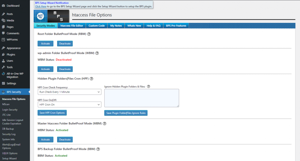 BulletProof Security htaccess file options in the WordPress dashboard