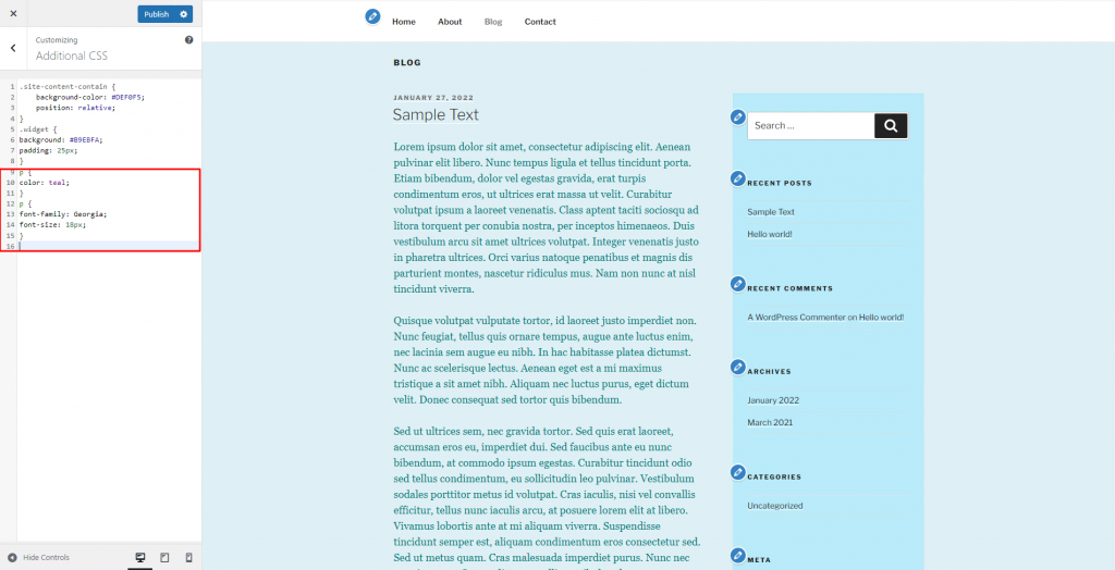 Adding the code to change the font.