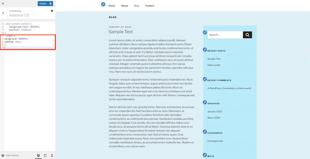 Adding the code to change the sidebar color.