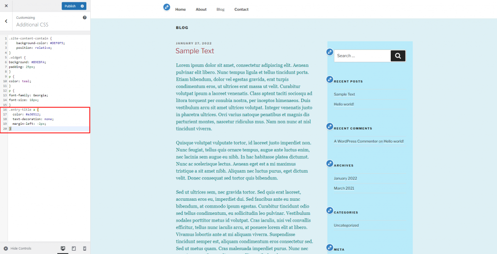 Copying the code from the Styles tab to the Additional CSS.