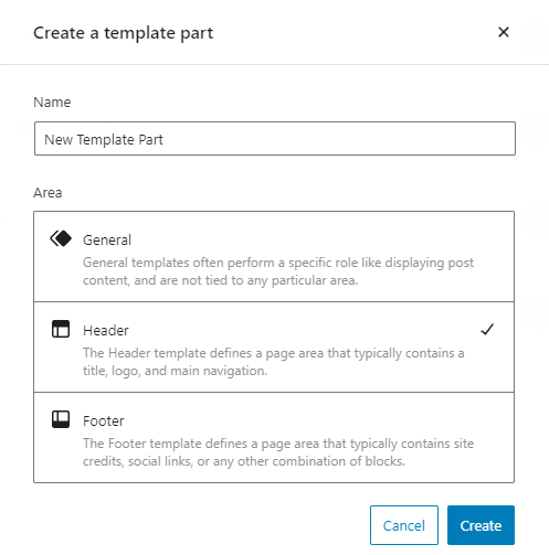 A prompt to create a template part in WordPress