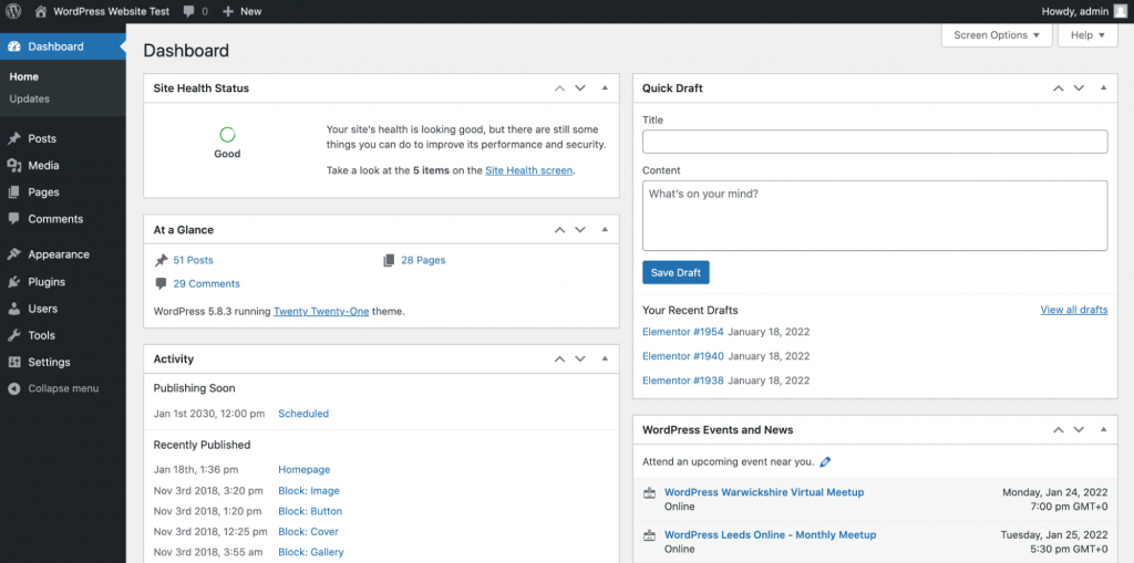 WordPress dashboard