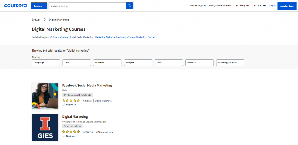 Digital Marketing courses on the Coursera website.