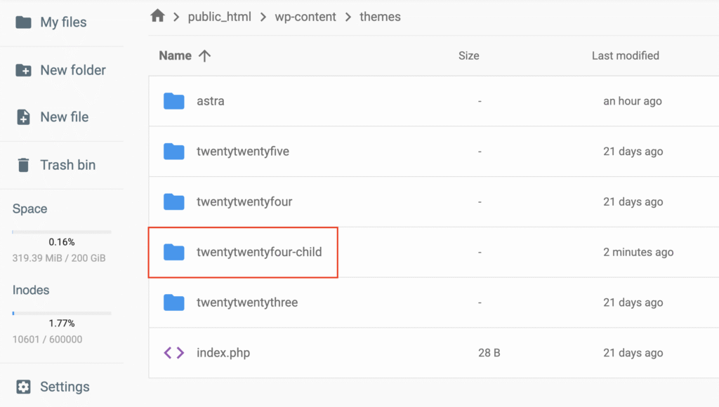 File Manager showing wp-content themes folder with child theme highlighted