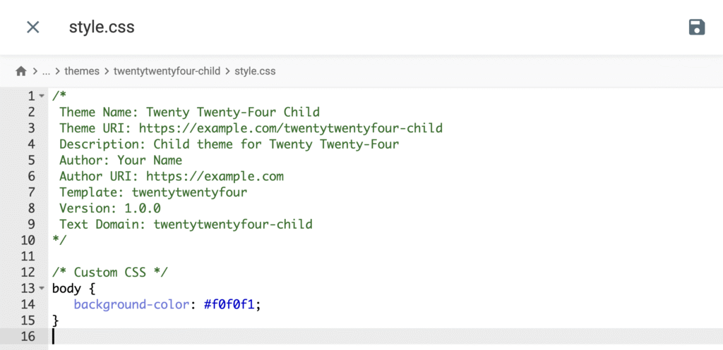 File Manager text editor open with style.css file displayed for editing
