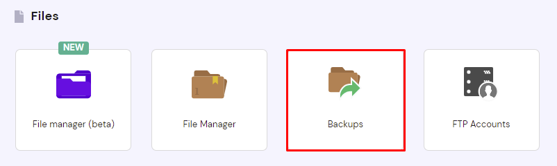 The Backups menu under the Files section of hPanel.