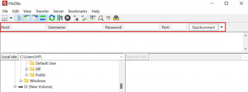 FileZilla's Host, Usernames, Passwords, and Port fields and the Quickconnect button