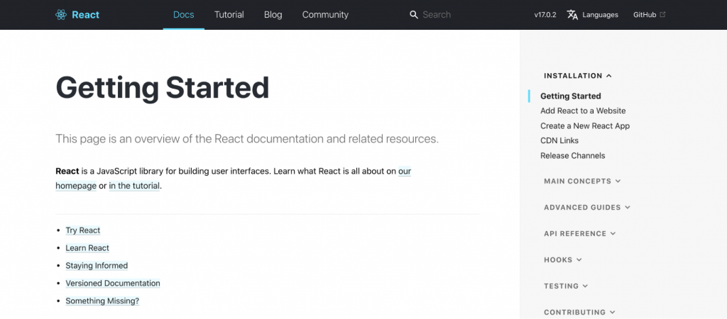 React Getting Started page, featuring its documentation and related tutorials