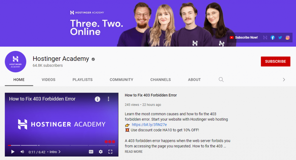 The Hostinger Academy Youtube channel.