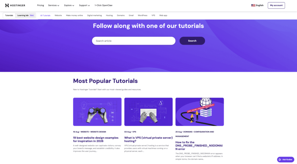 hostinger-tutorials-homepage Hostinger Tutorials' homepage