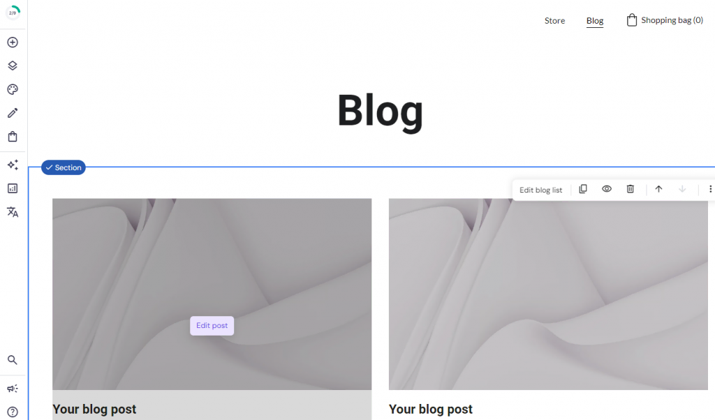 The Blog page editor with Edit Post highlighted