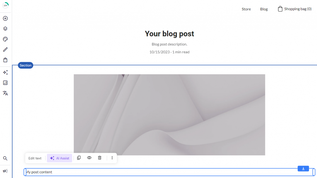 The Your blog post page editor with AI Assist highlighted