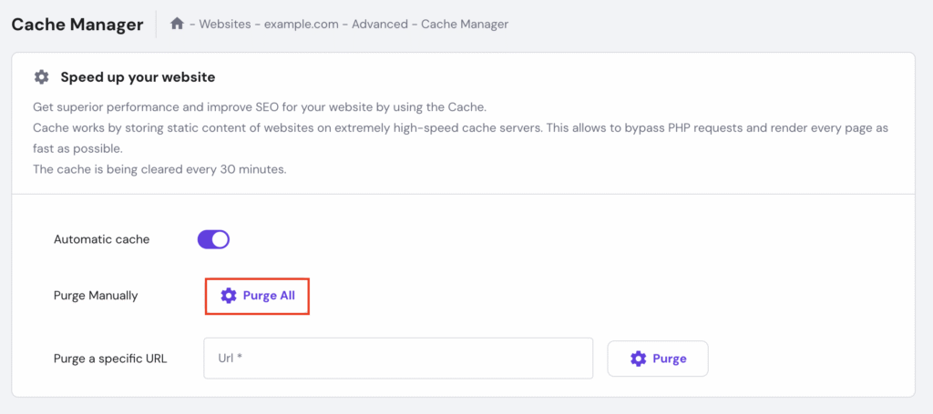 Hostinger Cache Manager showing Purge All option highlighted in dashboard