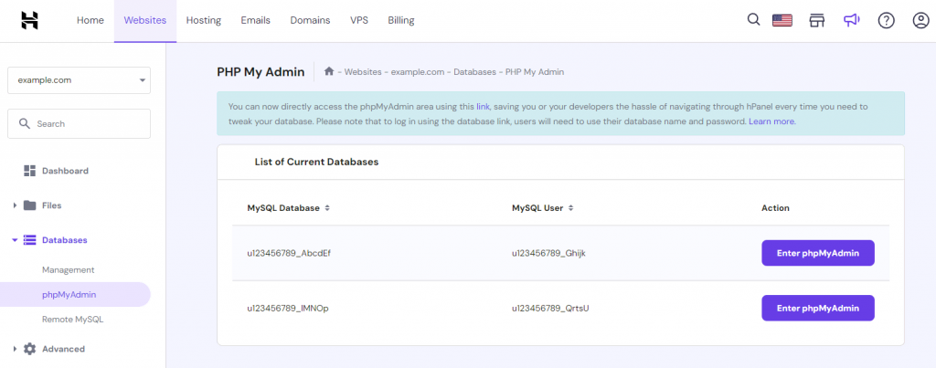 hPanels' phpMyAdmin subsection