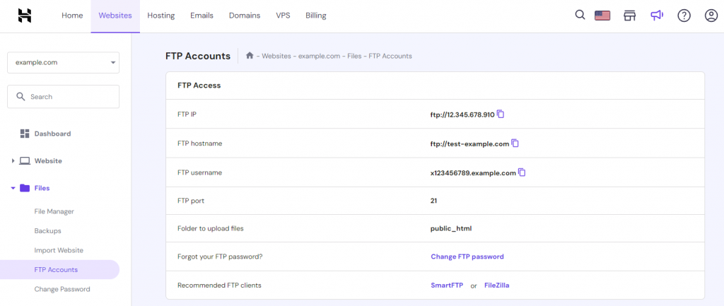 hPanel's FTP Accounts subsection