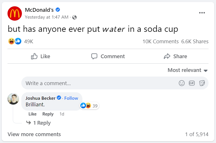 A text-only McDonald's Facebook post which racked up thousands of reactions, comments, and shares