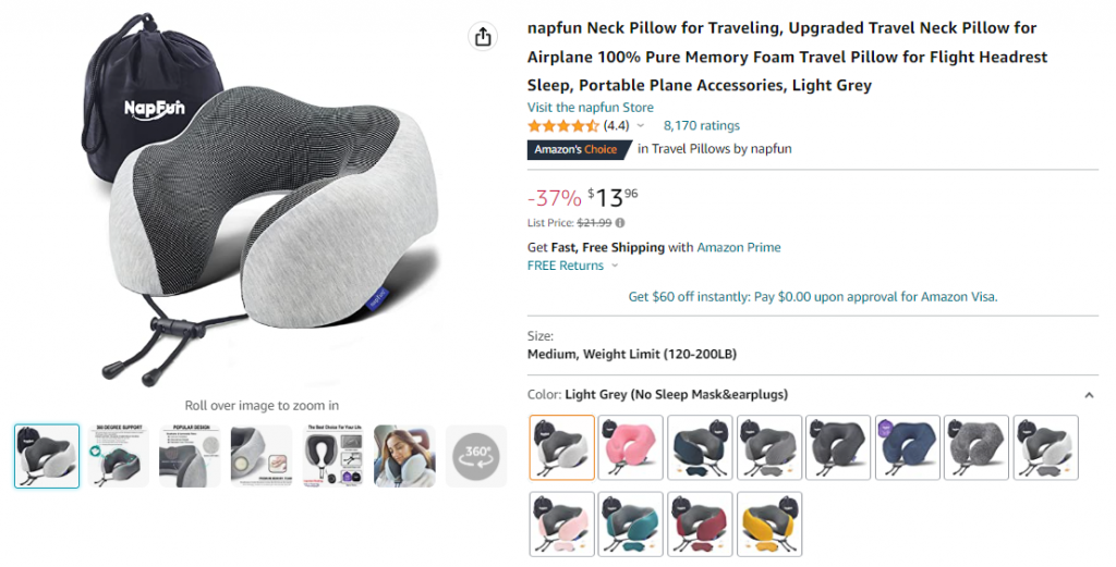 A product page on Amazon showing a photo of a travel neck pillow by the napfun Store along with its price, ratings, and product details.