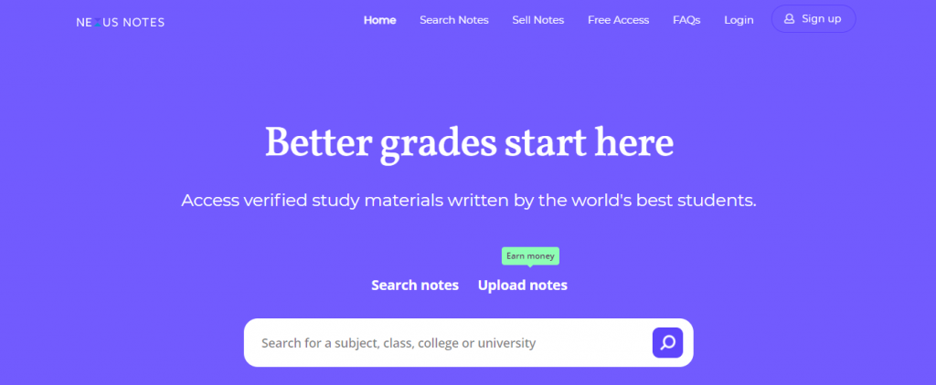 Nexus Notes website homepage.