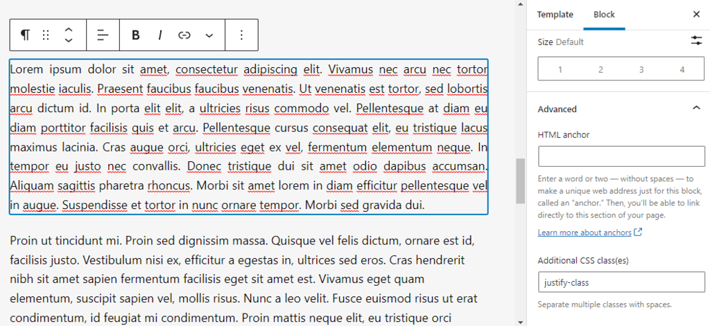 The paragraph block after adding CSS class in the WordPress block editor. 