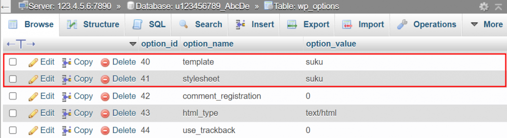 The template and stylesheet rows in phpMyAdmin's wp_option