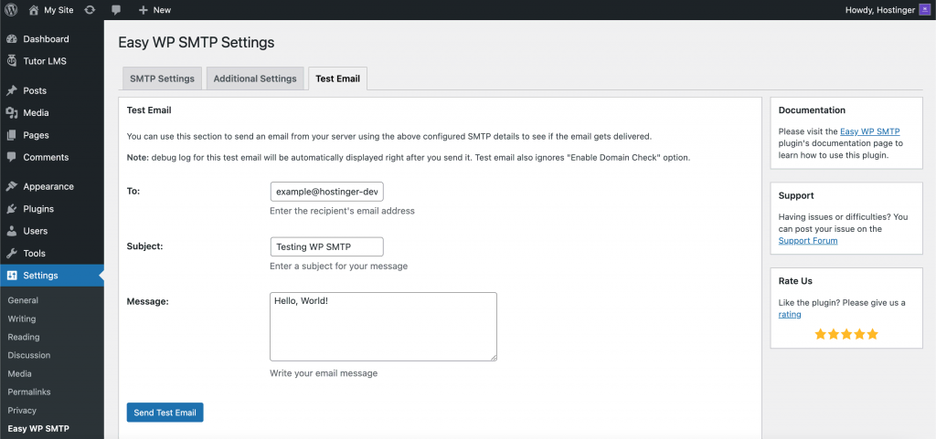 Sending a test email using the Easy WP SMTP plugin.